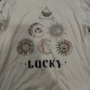 White graphic tee, lightly worn